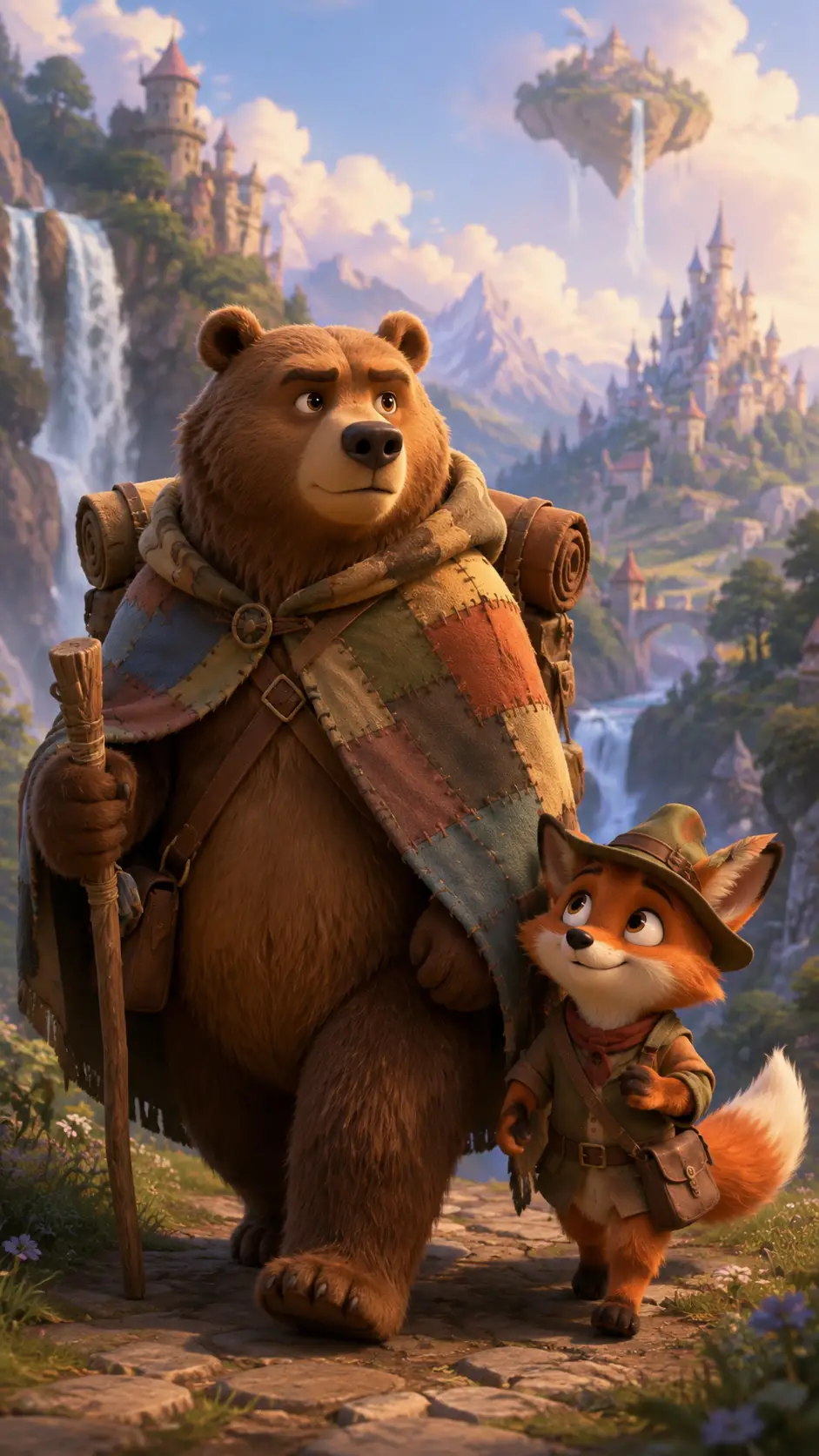 Determined bear traveler in a magical world with fox companion