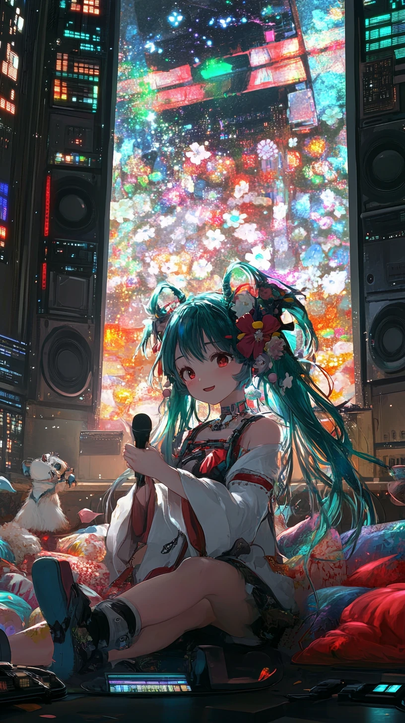 Chica de anime cantando en un escenario de concierto futurista