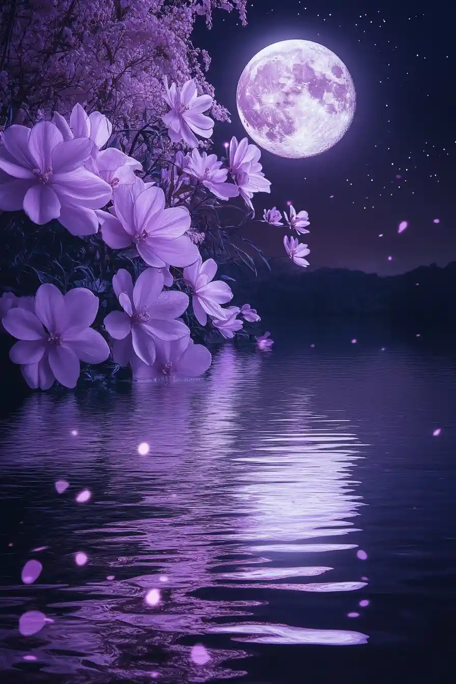 Flores ao luar refletidas em uma tranquila margem de lago roxa