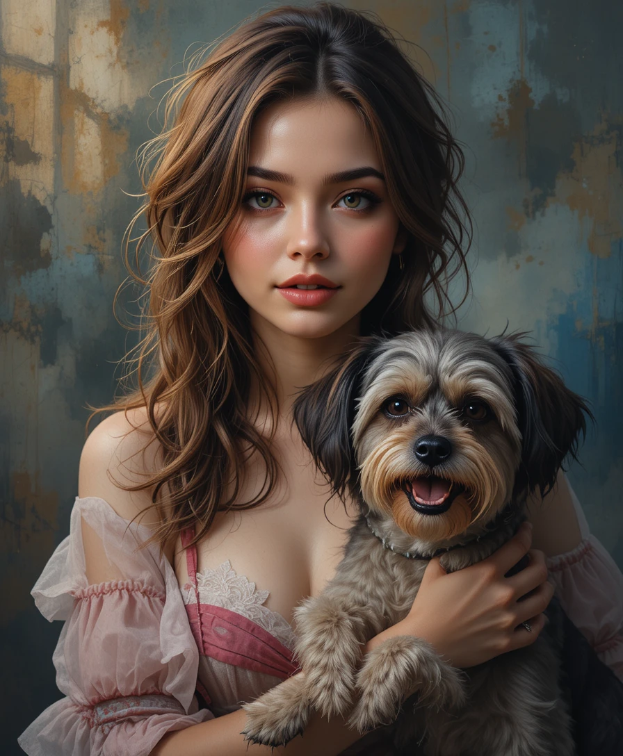 Shy woman hugging a scruffy dog in soft dramatic light