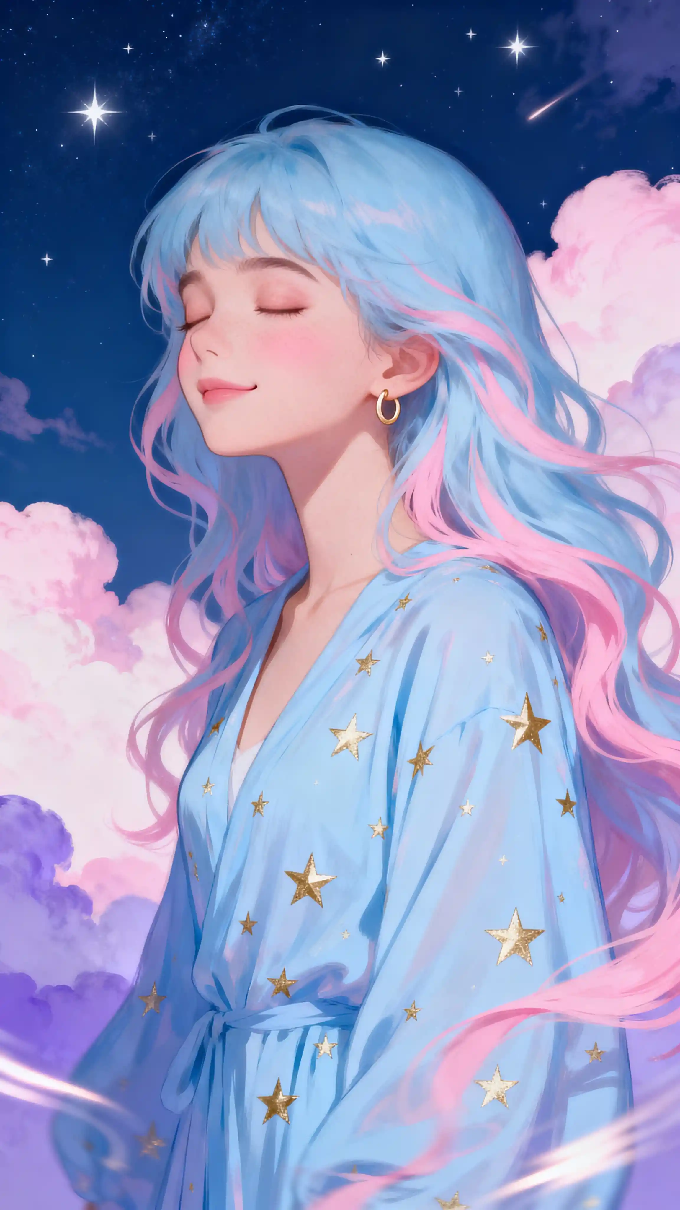 Chica soñadora de cabello azul en un cielo nocturno estrellado