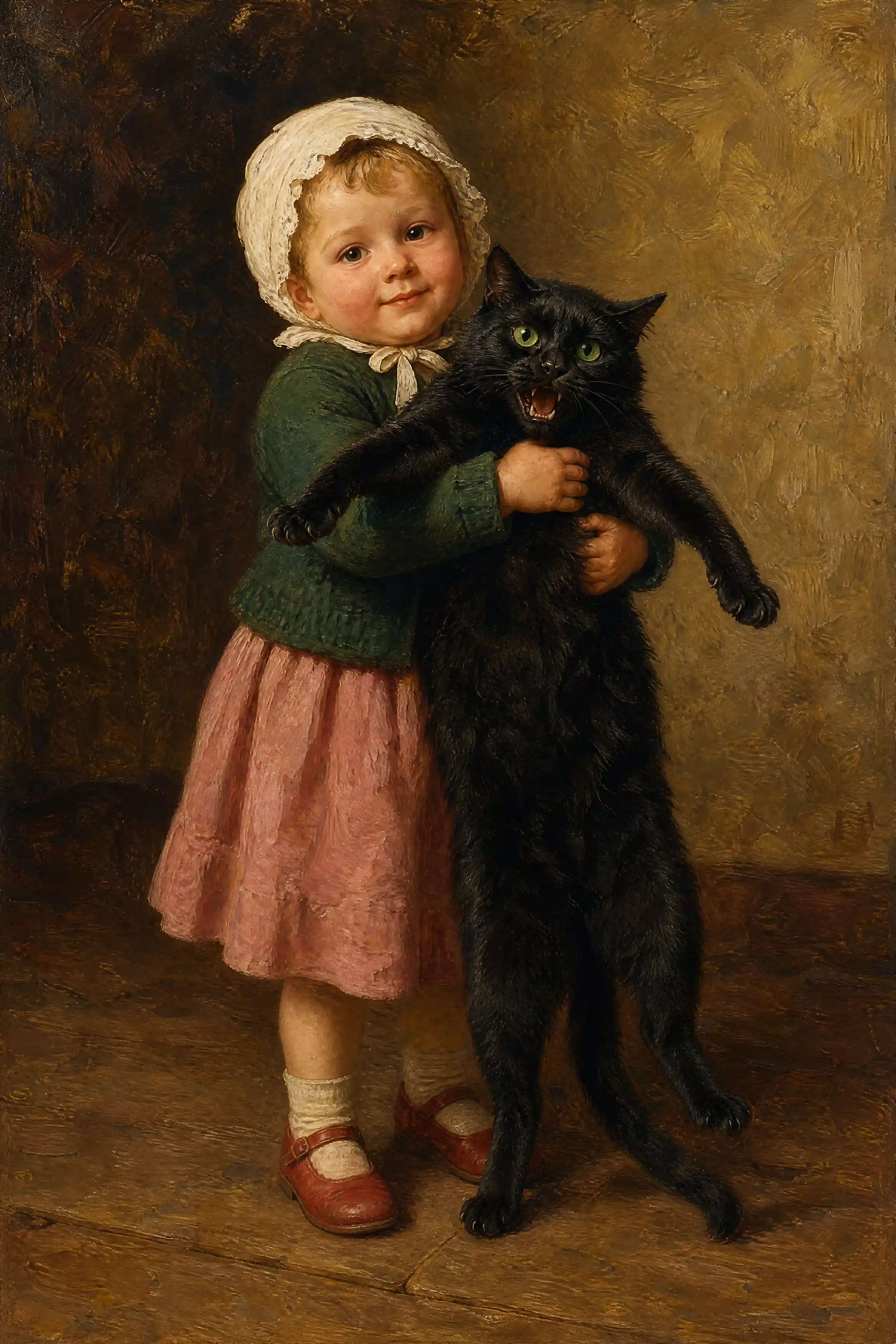 Niño Pequeño Sosteniendo un Gran Gato Negro en Retrato Clásico al Óleo