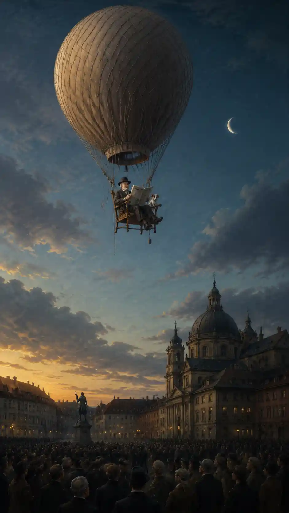 Hombre Mayor en Silla con Globo Flotando Sobre la Ciudad al Atardecer