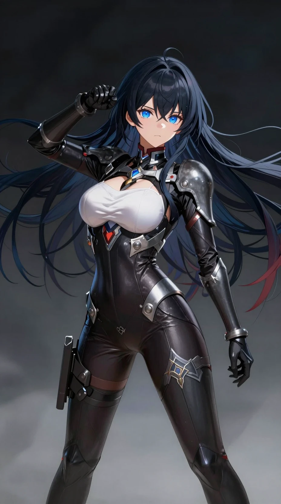 Heroína de anime segura de sí misma con elegante armadura corporal futurista