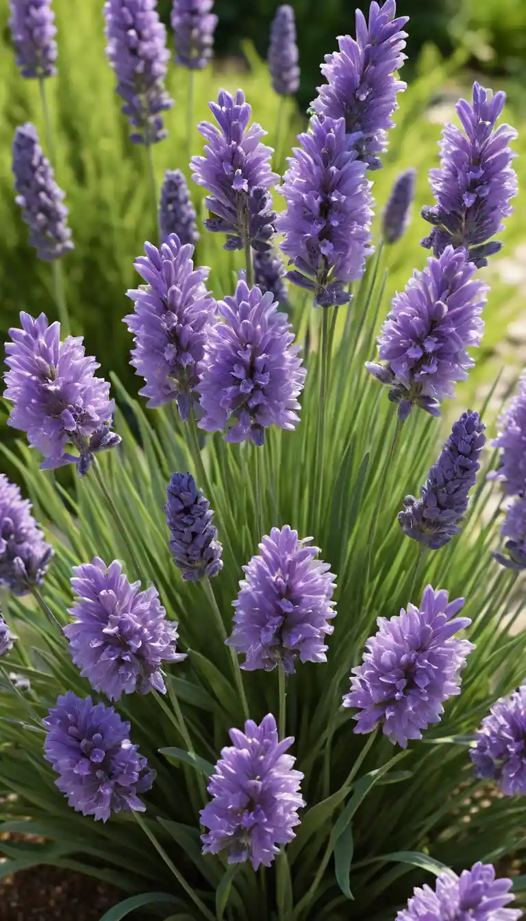 Fiori viola lavanda accanto a un ruscello turchese cristallino