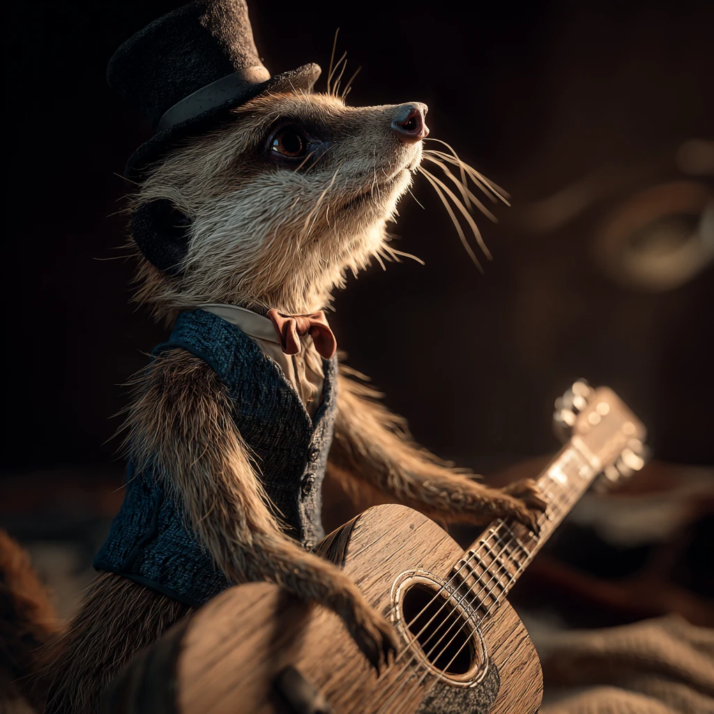 Elegantes Erdmännchen im Weste balanciert auf antiker Gitarre