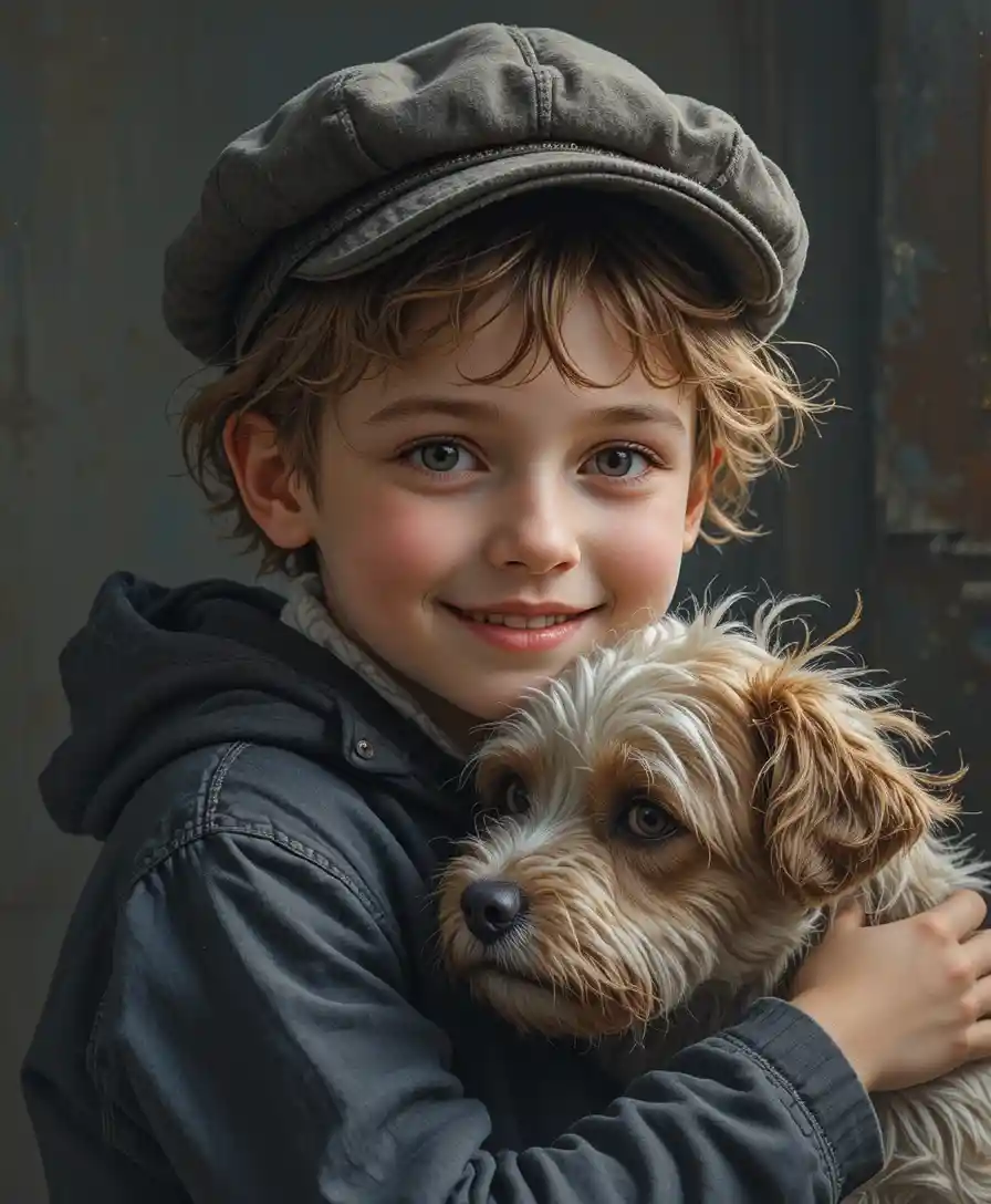 Shy young boy hugging a dog in soft dramatic light