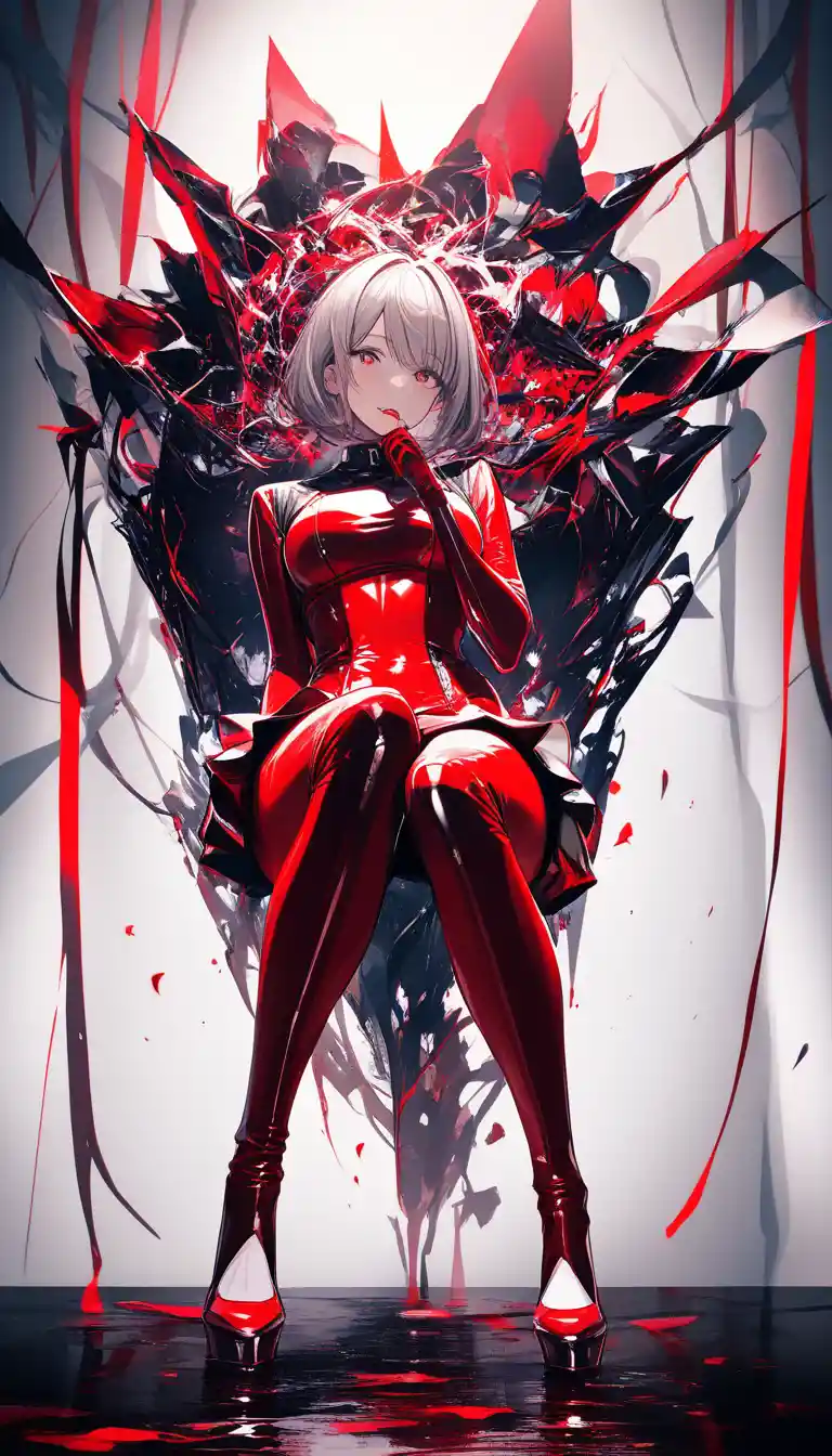 Woman squatting in red latex fashion against white studio