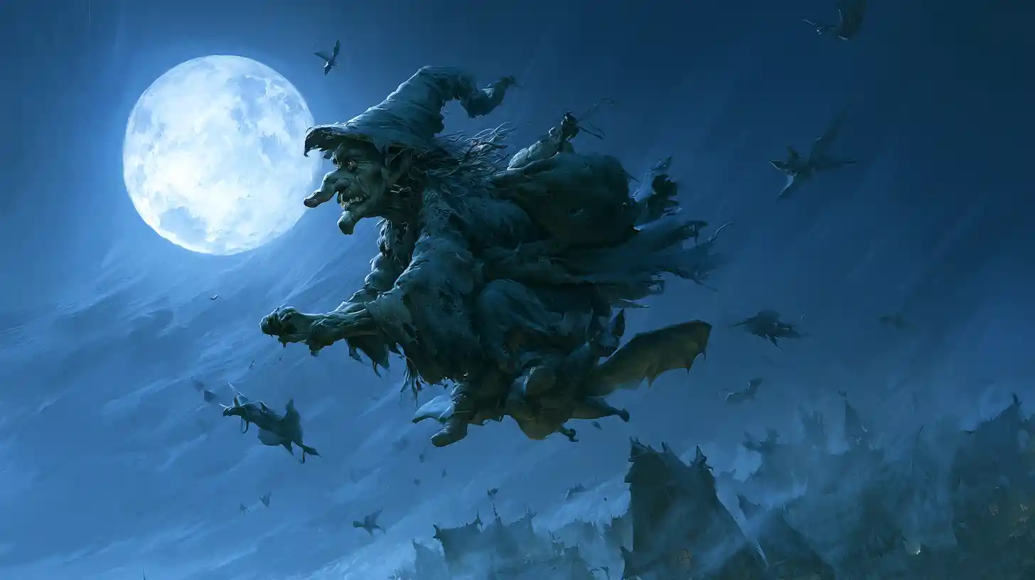 Anciana bruja verde volando sobre un pueblo en un cielo iluminado por la luna