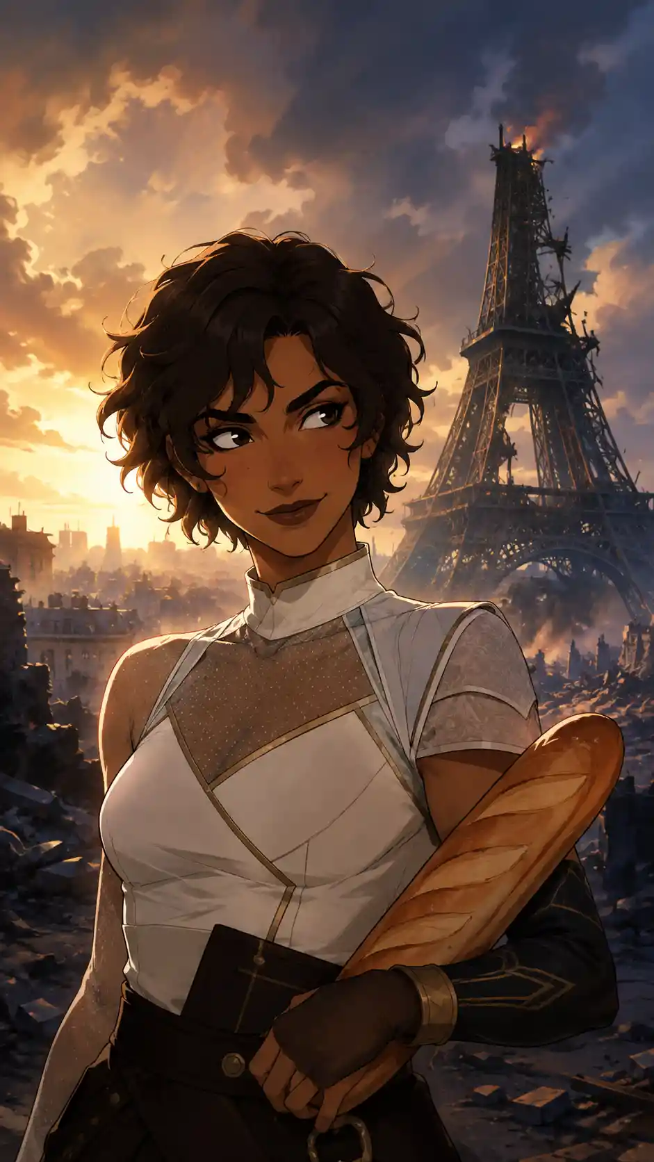 Heroína de anime con baguette ante el arruinado horizonte de París