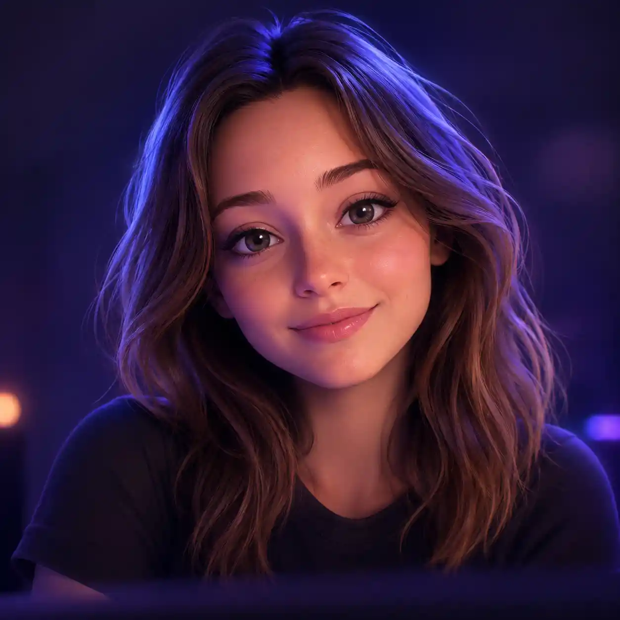 Violettes 3D-Avatar-Porträt mit dramatischer filmischer Beleuchtung