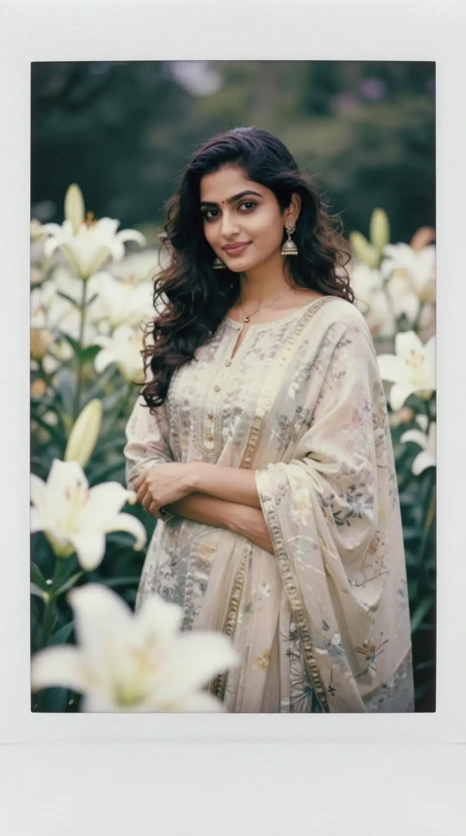 Retrato de joven mujer india en un jardín de lirios blancos
