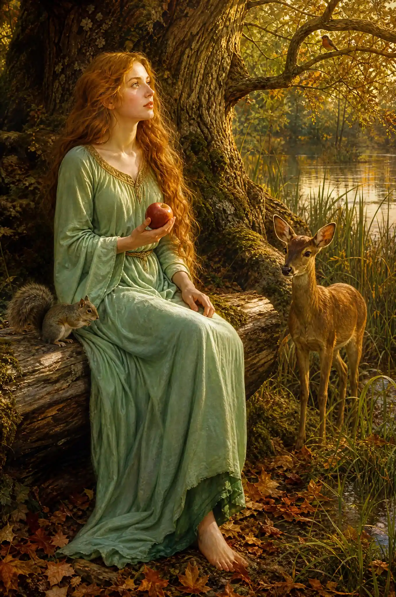 Young woman in green dress by a forest lakeside