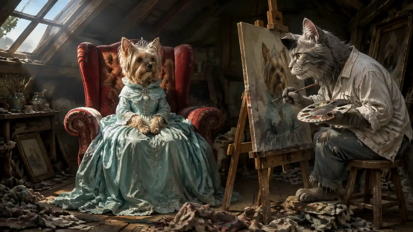 Gato artista pintando un retrato regio de yorkshire terrier
