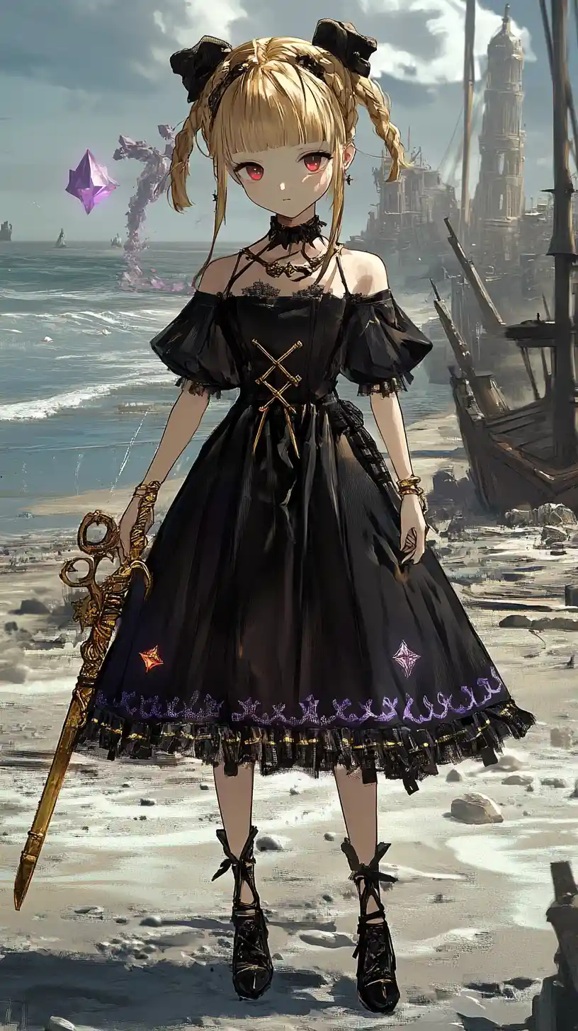 Chica de anime con vestido largo negro y accesorios dorados