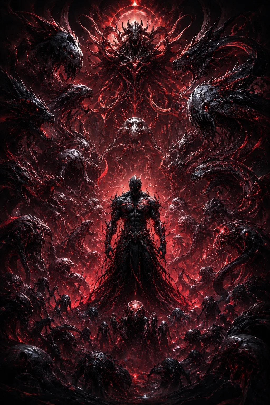 Dominant dark god surrounded by eldritch nightmare creatures