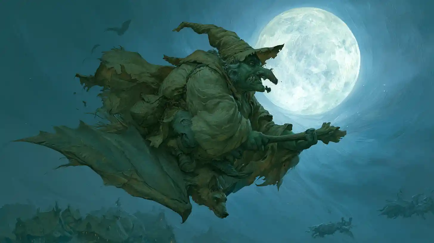 Baroque witch flying over village in bright full moon