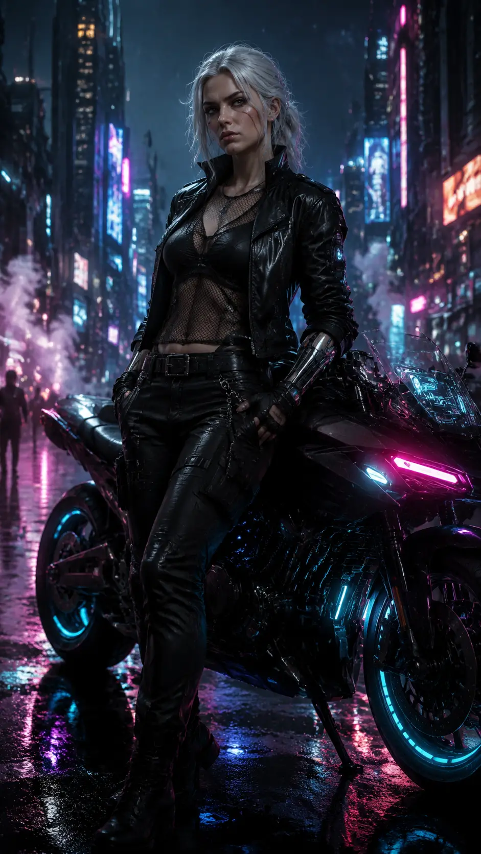 Guerrera cyberpunk junto a motocicleta de neón bajo la lluvia