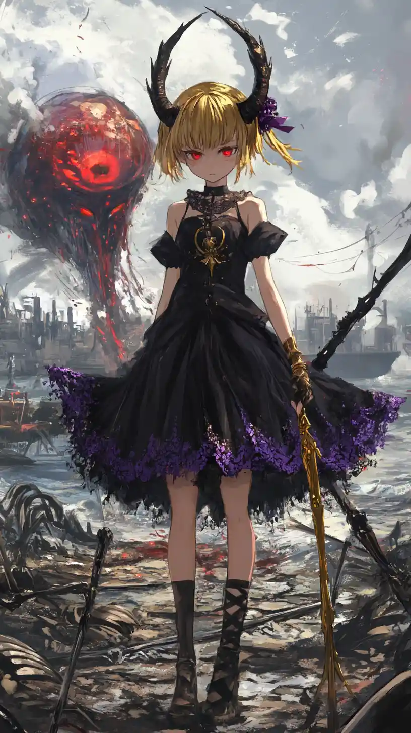 Ragazza anime in abito nero con capelli dorati raccolti in uno chignon