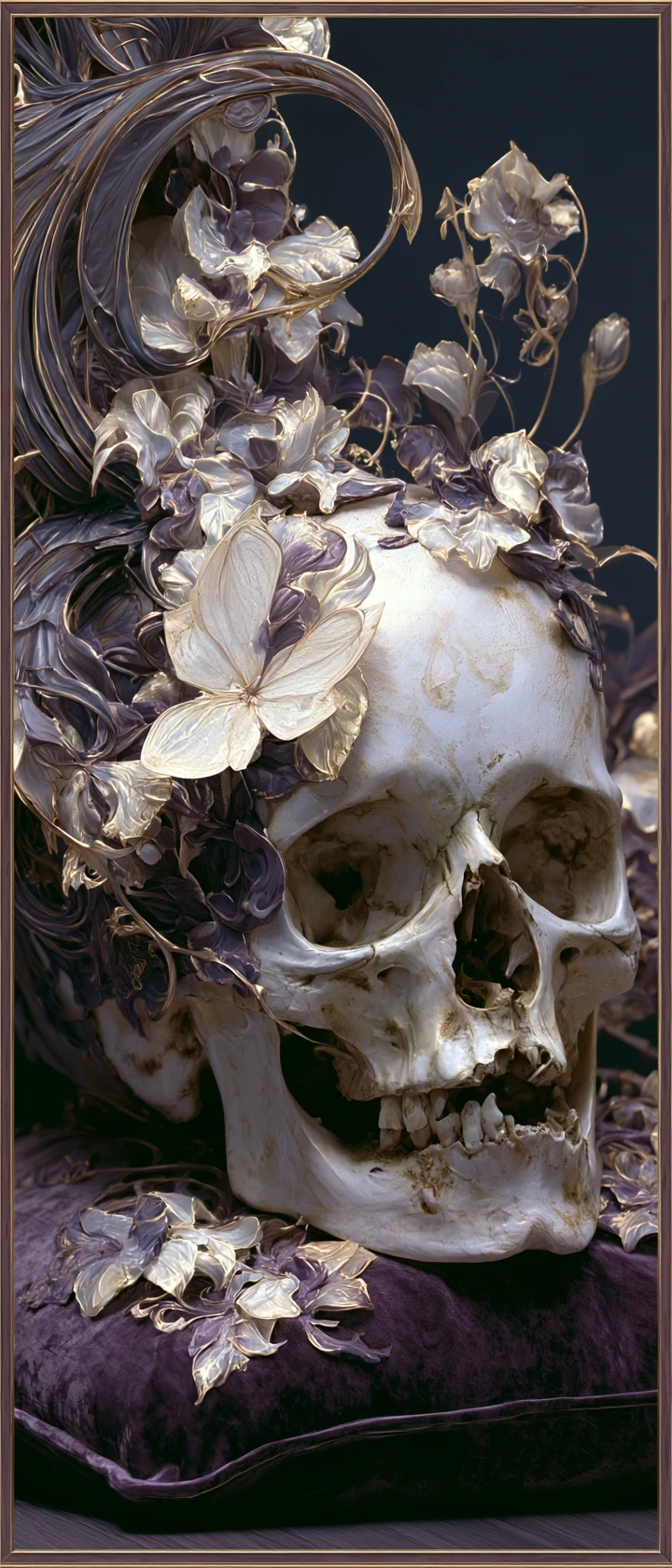 Ornate skull with wilting floral motifs on velvet cushion