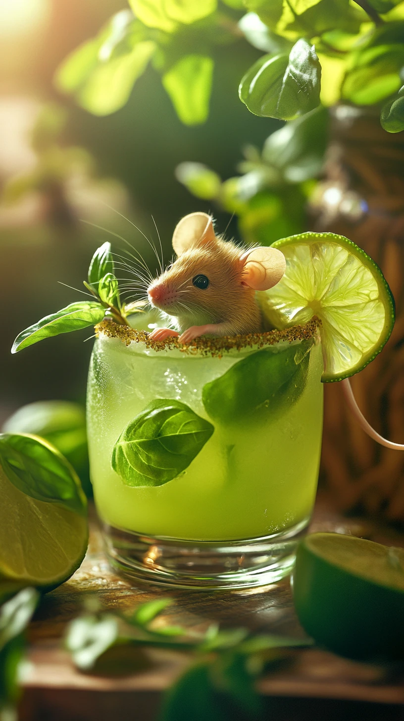 Mouse in green cocktail with basil and lime in sunlight