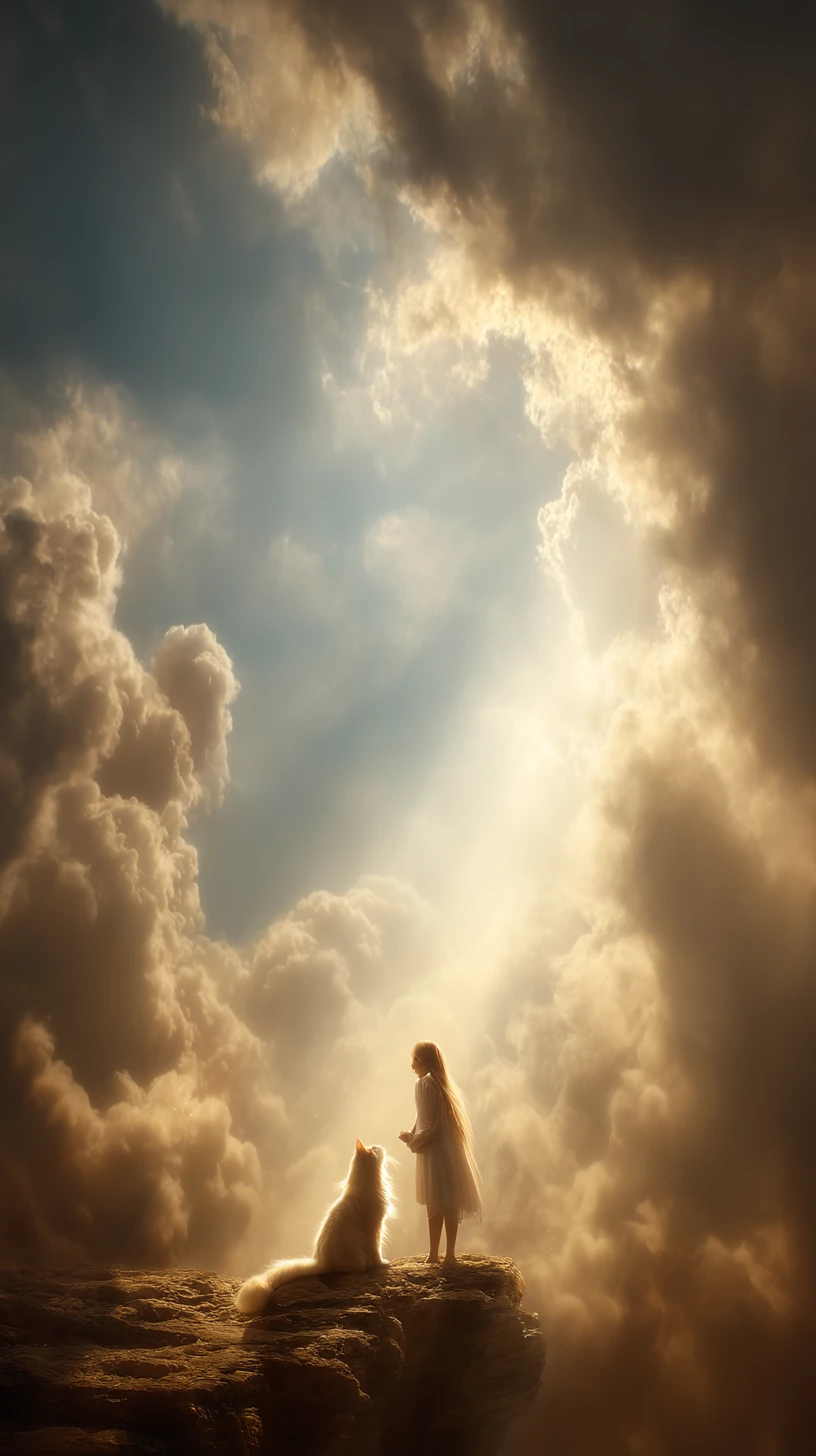 Niña y gato blanco despiertan en una suave cama de nubes al amanecer