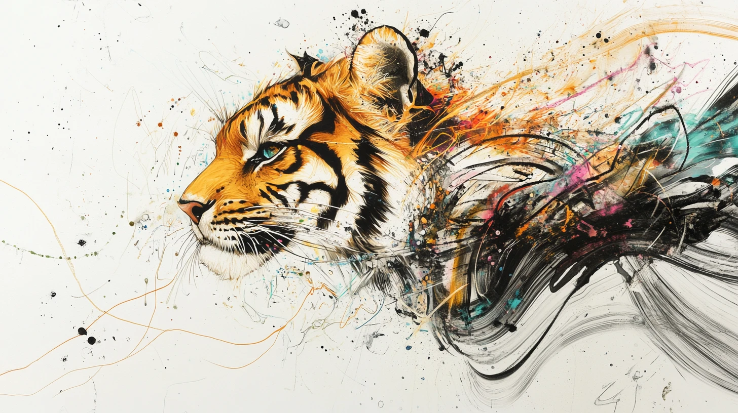 Futuristic feline child dissolving into bold ink gestures
