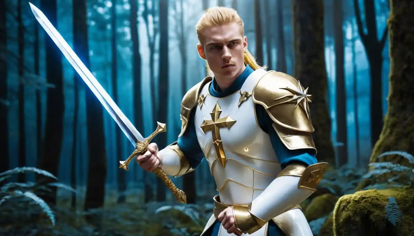 Golden armored warrior in glowing blue crystal forest