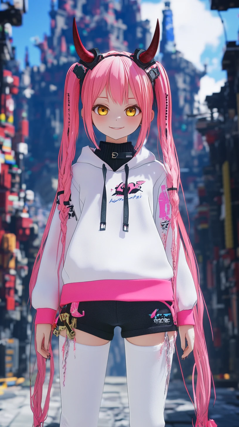Smiling anime girl with horn in fantasy lego world