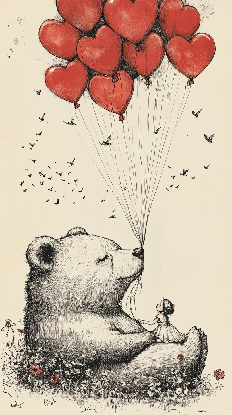 Tiny child floating beside a giant bear of balloon hearts