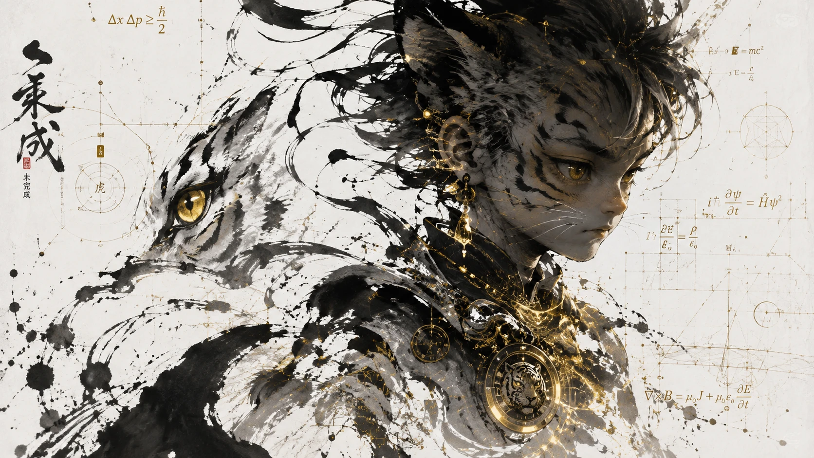 Futuristic feline child dissolving into expressive ink forms