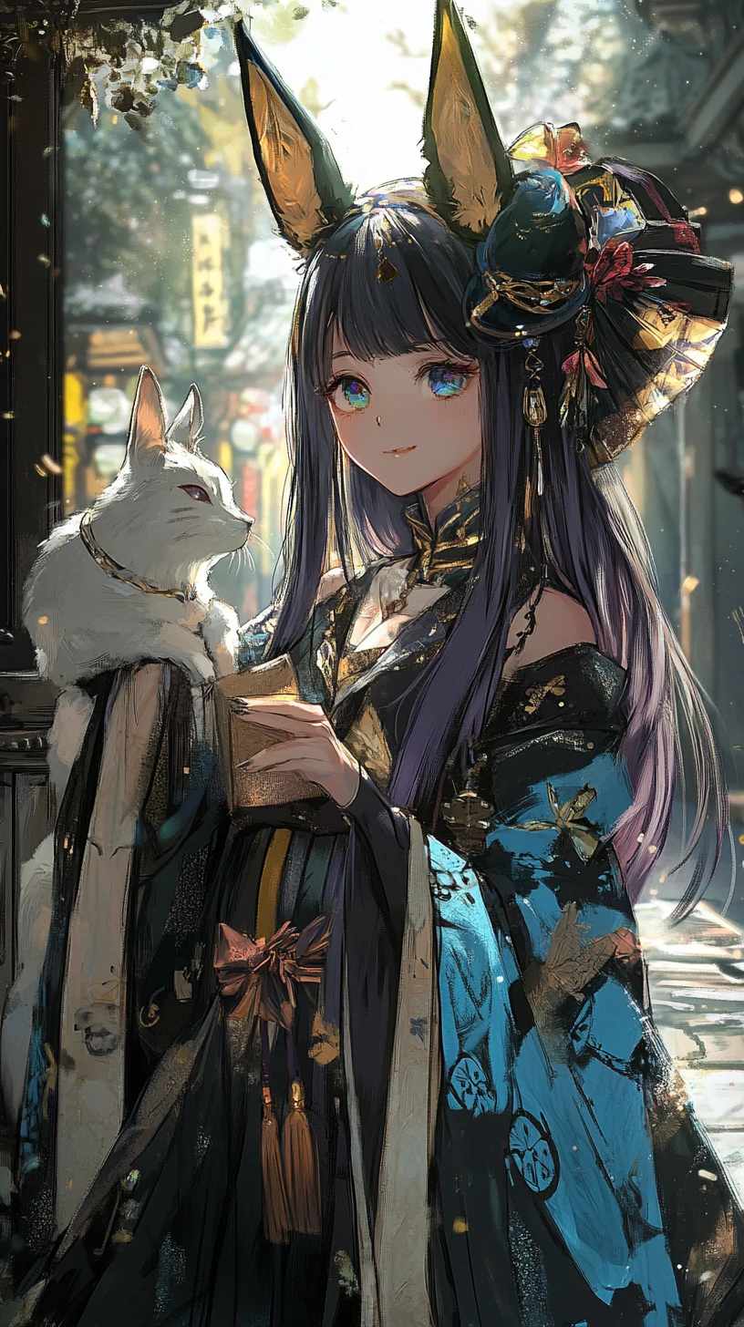Chica de anime junto a una colosal estatua con túnica bajo una luna cósmica