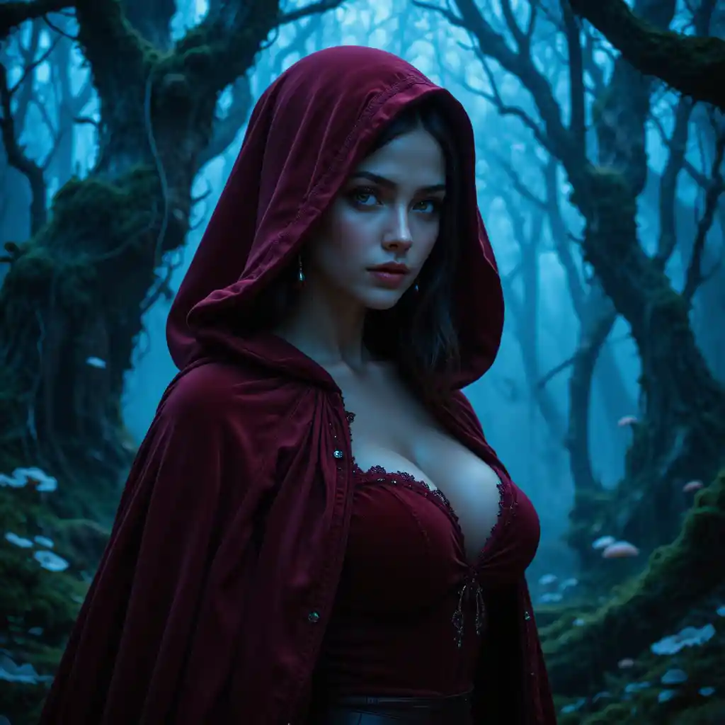 Mujer enigmática con capa roja en un bosque místico al crepúsculo