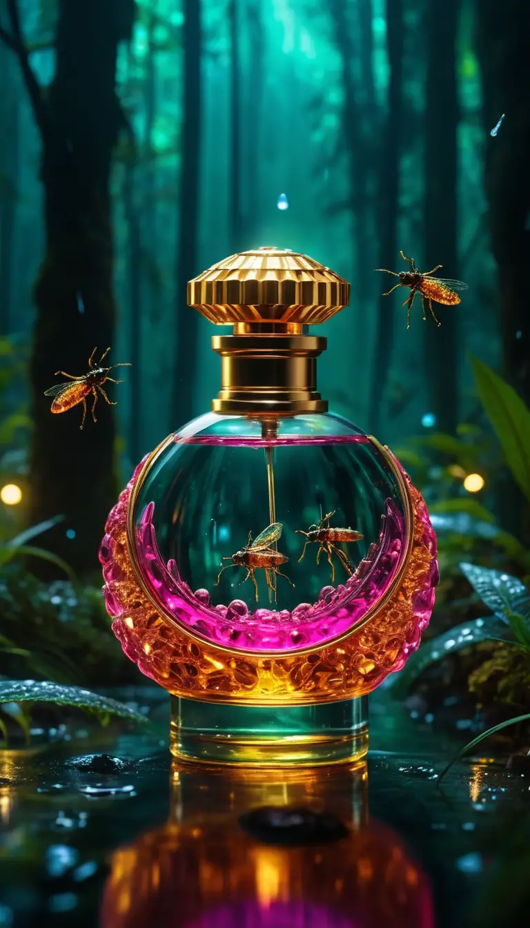 Frasco de perfume surreal que brilla en un bosque tropical lluvioso