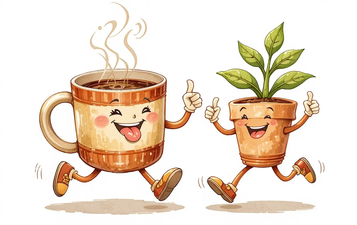 Tasse de café et plante en pot qui courent de manière ludique