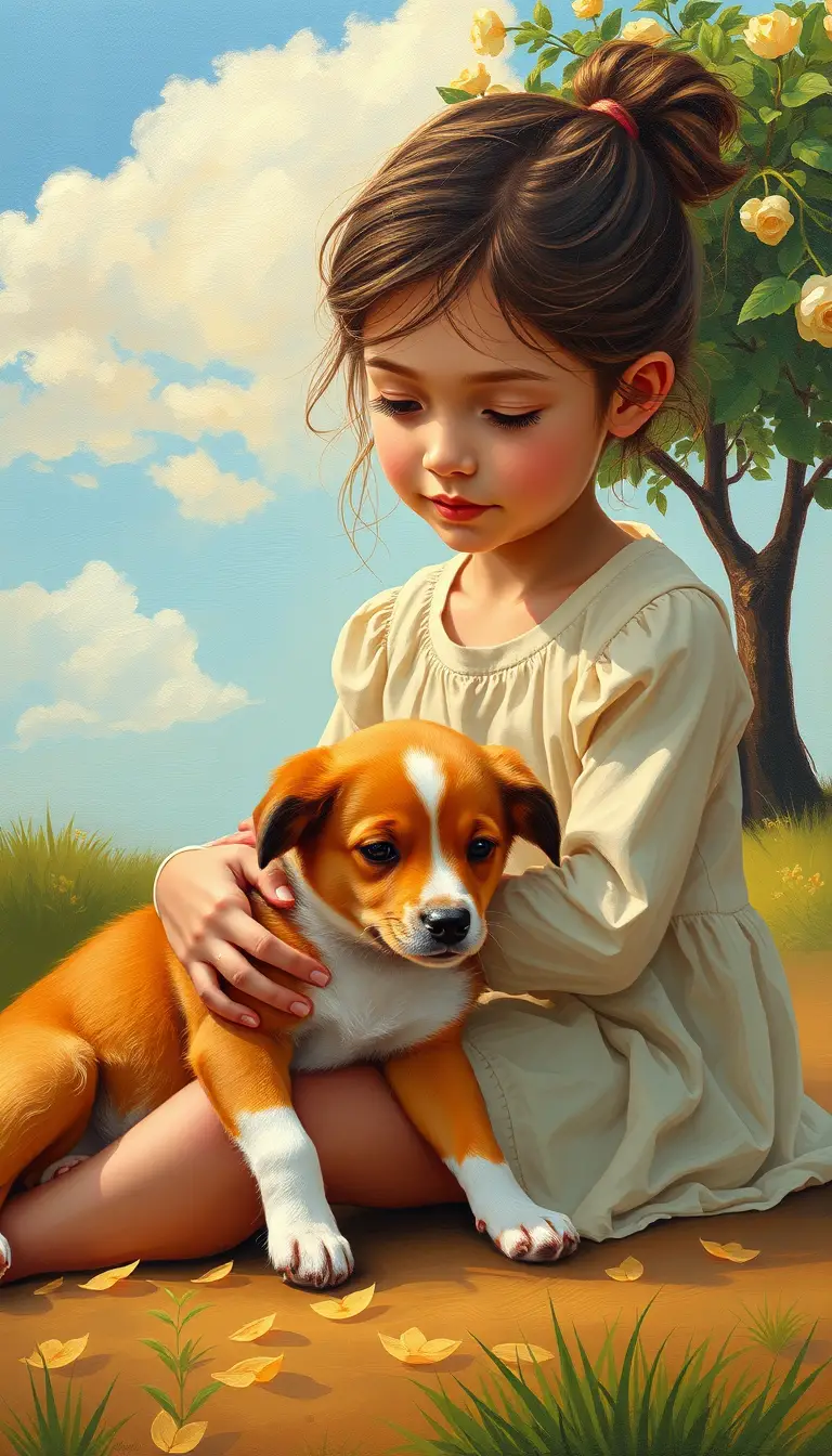 평화로운 판타지 그림 속 강아지와 쉬고 있는 아이