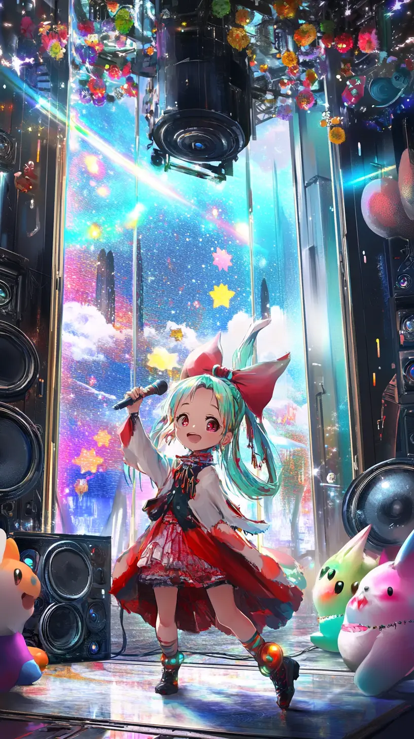 Chica de anime cantando en un escenario de concierto futurista