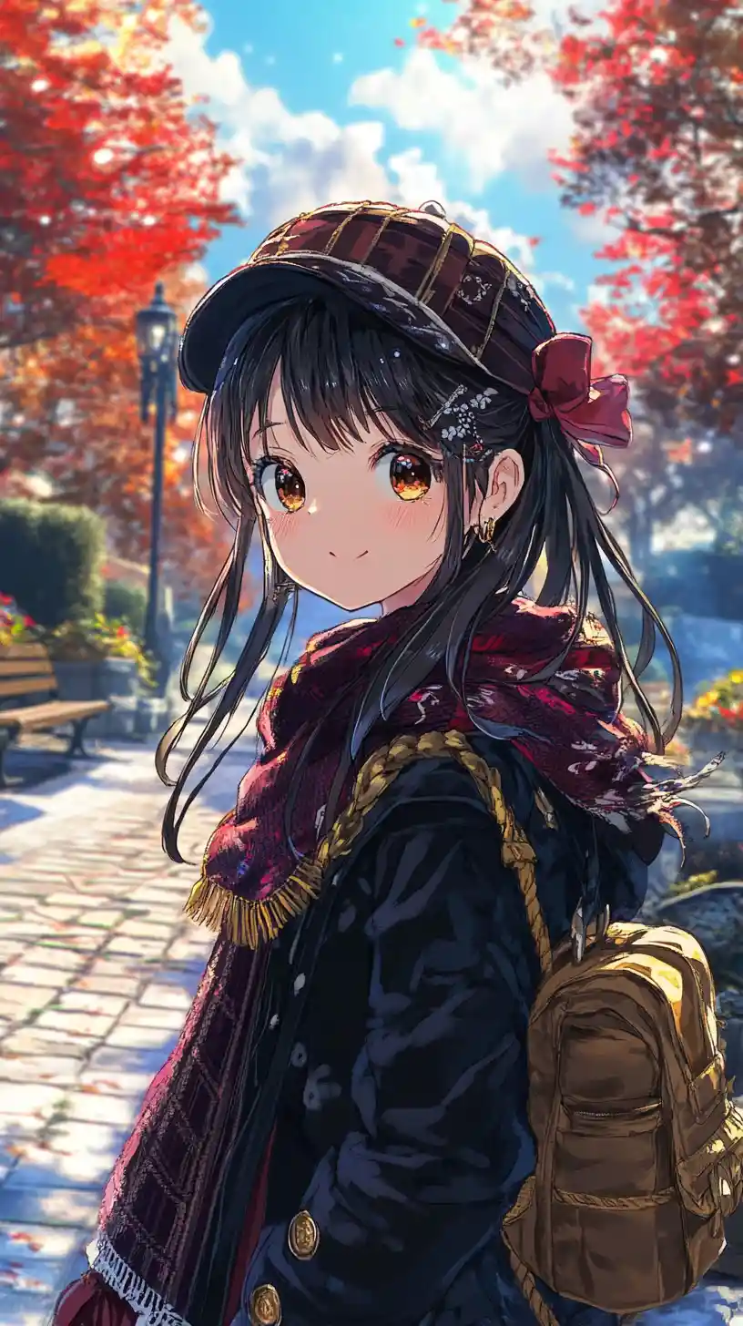 Chica de anime con atuendo ornamentado en escalinata de piedra de noche