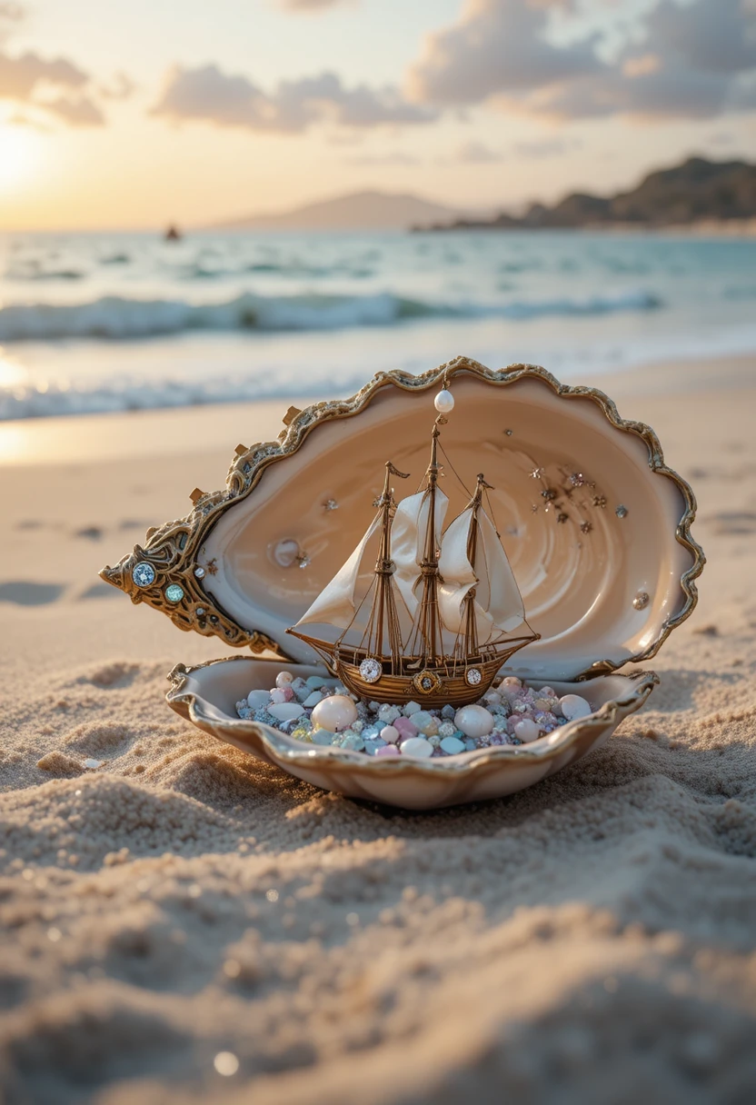 Concha de gemas con diminuta goleta en una playa al atardecer