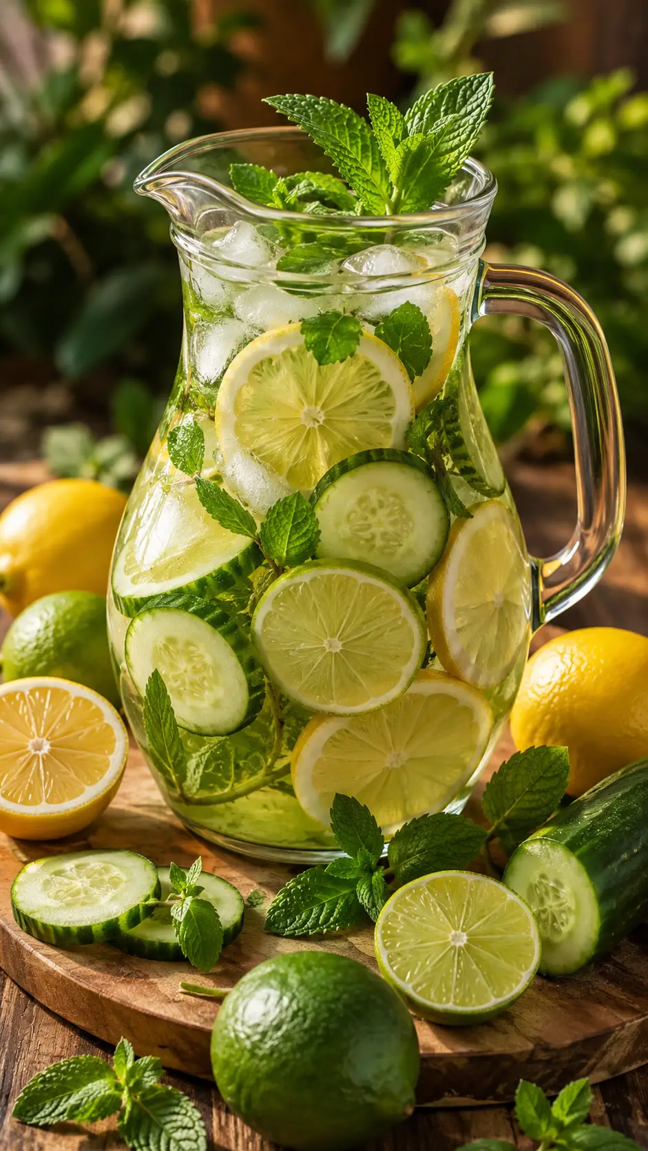 Primer plano de jarra con bebida de verano infusionada con cítricos y pepino