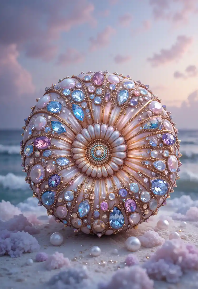 Concha de nautilus enjoyada sobre un suave fondo pastel de mar y cielo
