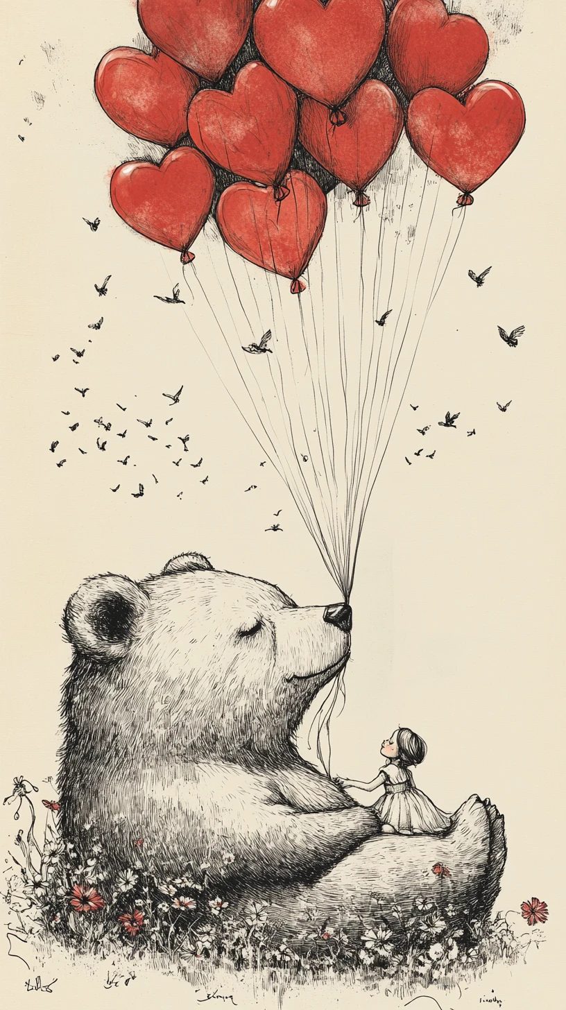 Pequeño niño flotando junto a un enorme oso de globos con forma de corazón