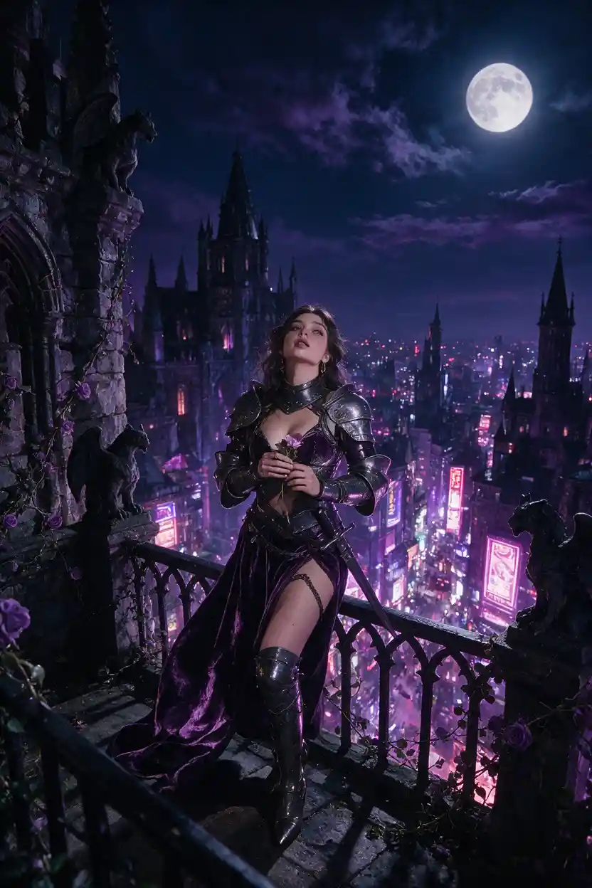 Mujer caballera acorazada sobre una ciudad de estilo noir