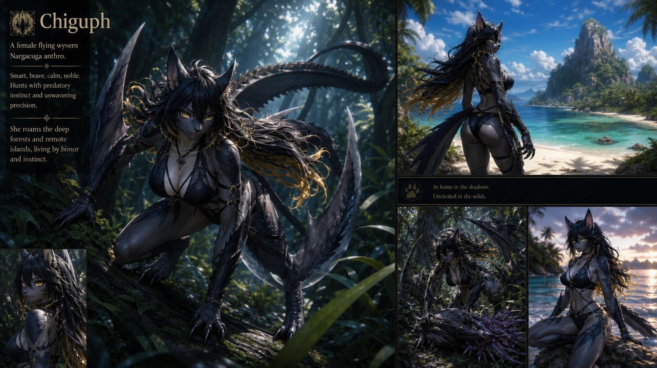 Mujer wyvern antropomorfa cazando en un bosque sombrío