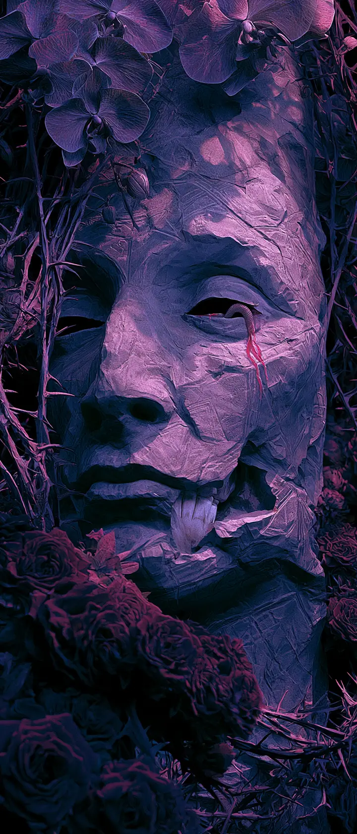Stone head in chains amid orchids under eerie moonlight