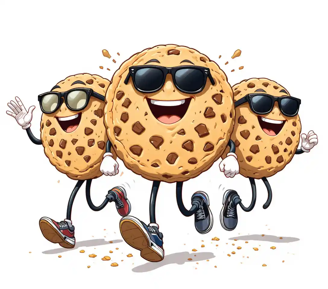 Running cartoon chocolate chip cookies with playful expressions