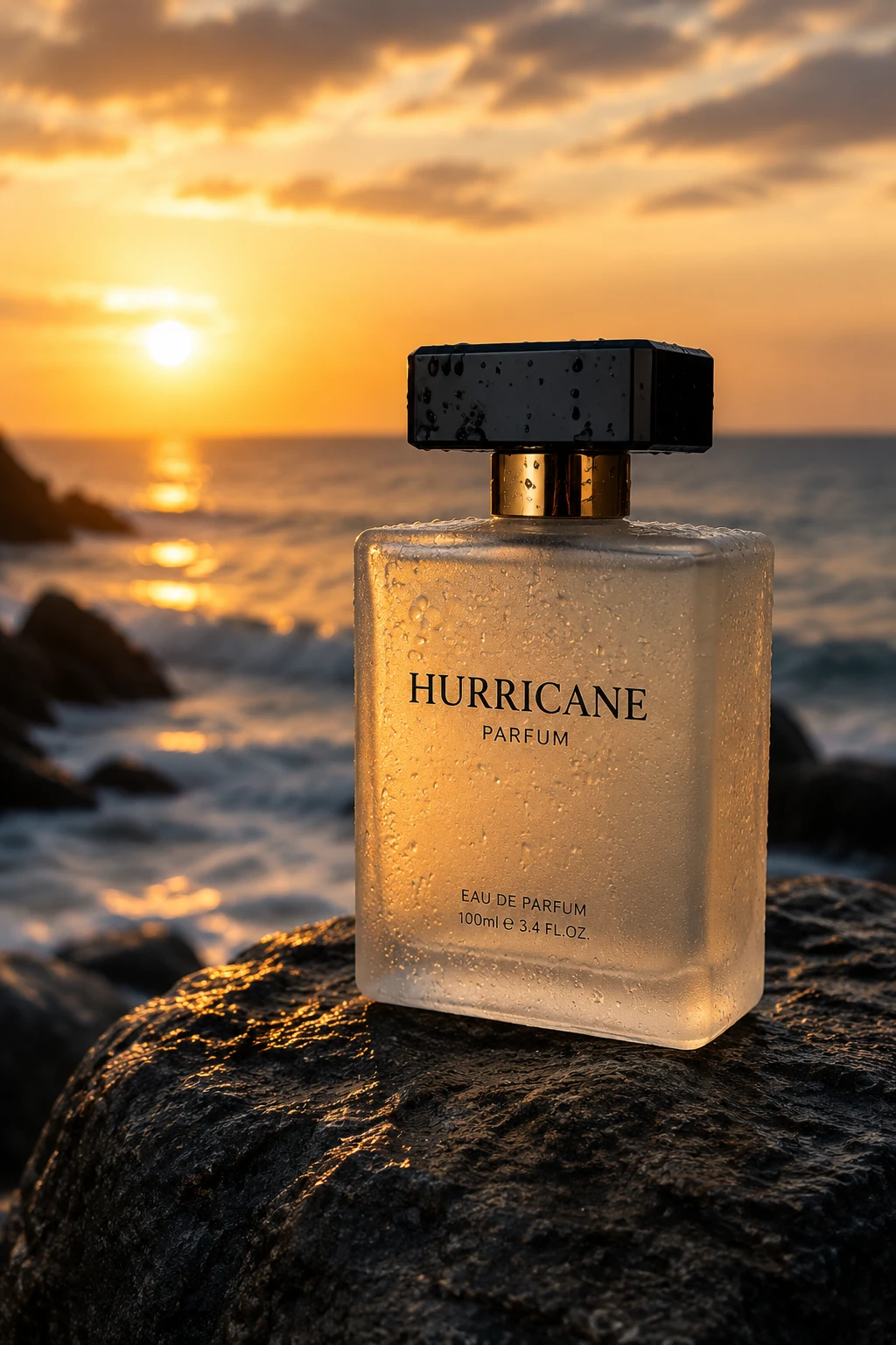 Frasco de perfume sobre roca junto al mar al atardecer brillante