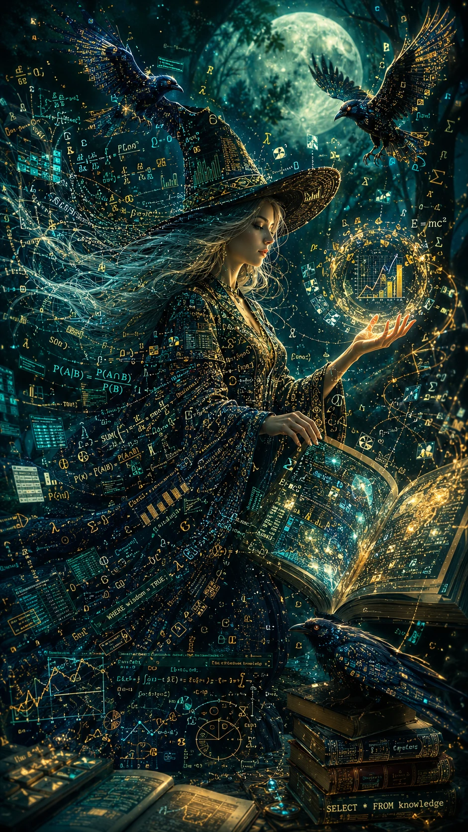 Strega dark fantasy intrecciata da flussi di dati in movimento