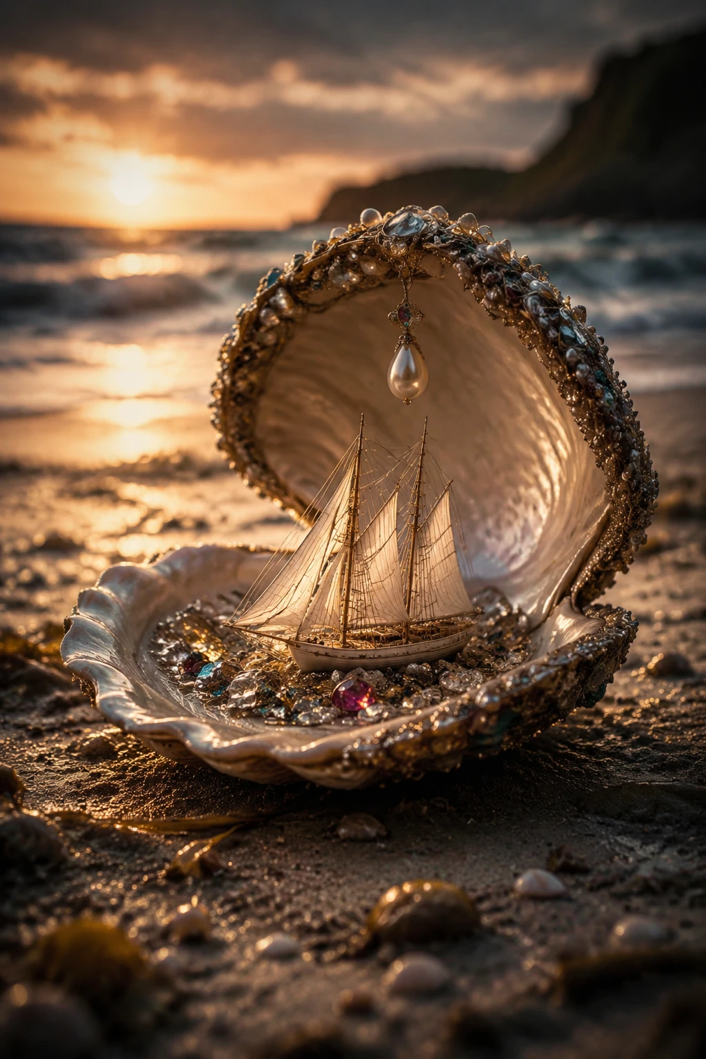 Concha de gemas con diminuta goleta en playa al atardecer