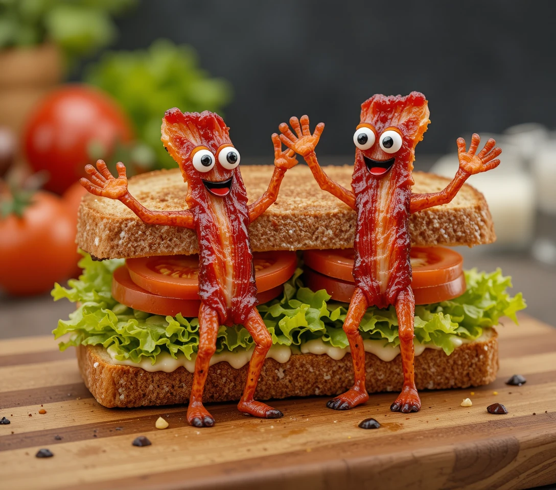 Dancing Bacon Characters Beside A Fresh Sandwich